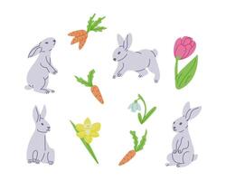 vår samling av platt kaniner och blommor. påsk begrepp. oärlig hand dragna element på vit bakgrund. idealisk för dekoration, klistermärken, hälsningar, baner och bakgrund vektor