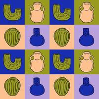 eben Fett gedruckt geometrisch nahtlos Muster mit Vasen. Kontrast Quadrate mit modern eben farbig Vasen. einzigartig modisch drucken Design zum Textil, Hintergrund, Verpackung vektor