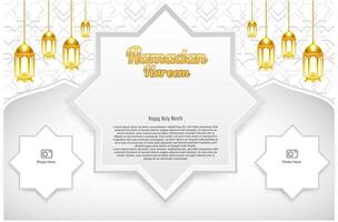 elegant Glanz Hintergrund und Poster Ramadan kareem mit Gradient Stil und realistisch Symbol vektor