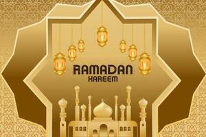 elegant Glanz Hintergrund und Poster Ramadan kareem mit Gradient Stil und realistisch Symbol vektor