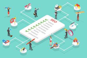 3d isometrisk platt vektor konceptuell illustration av seo, Sök motor ranking