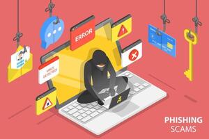 3d isometrisch eben Vektor konzeptionelle Illustration von Internet Phishing Betrügereien.