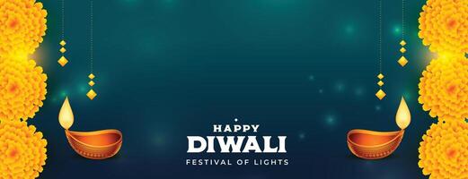 glücklich Diwali Gelegenheit Banner mit Öl Lampe und Blumen- Design Vektor