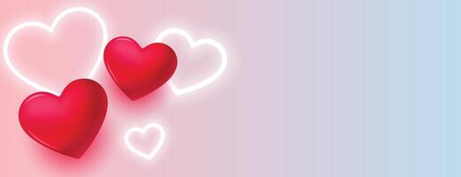 härlig 3d och neon hjärtan bred valentines dag baner vektor