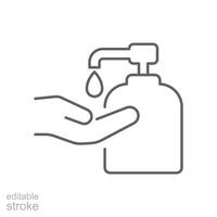 flytande hand tvål ikon. enkel översikt stil. hand tvättning, gel, desinficera, antibakteriell, flaska, dispenser, rena begrepp. tunn linje symbol. vektor illustration isolerat. redigerbar stroke.