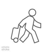 Reisender Mann Symbol. einfach Gliederung Stil. Passagier ziehen rollen Tasche, Geschäft Reise, Urlaub, Tourismus Konzept. dünn Linie Symbol. Vektor Illustration isoliert. editierbar Schlaganfall.