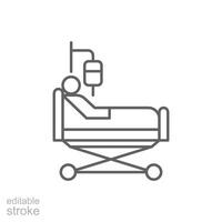 man i en sjukhus säng ikon. enkel översikt stil. patient, person, sjuk man, sjuk, avdelning, liggande, hälsa, medicinsk begrepp. tunn linje symbol. vektor illustration isolerat. redigerbar stroke.