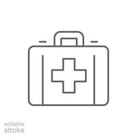 medicinsk låda ikon. enkel översikt stil. först hjälpa väska, fall, medicinsk utrustning, läkare, nödsituation, säkerhet, hälsa, medicin begrepp. tunn linje symbol. vektor illustration isolerat. redigerbar stroke.