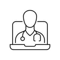 Telemedizin Symbol. einfach Gliederung Stil. Telegesundheit virtuell besuchen, Video Besuch mit männlich Arzt auf Laptop Computer, Gesundheitswesen Konzept. dünn Linie Symbol. Vektor Illustration isoliert.