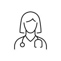 läkare ikon. enkel översikt stil. läkare, läkare, professionell, medicin, lady, kvinna, kvinna, stetoskop, hälsa begrepp. tunn linje symbol. vektor illustration isolerat.