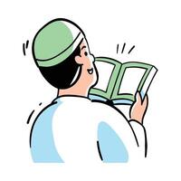 muslim läsning Koranen, vektor hand dragen illustration