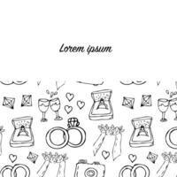 Hand gezeichnet Hochzeit Gliederung Gekritzel Banner von Juwelier und Braut. Vektor Illustration von Hochzeit Zeremonie Artikel im Hand gezeichnet Gekritzel skizzieren Stil zum Banner Vorlage.