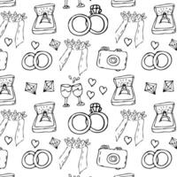 Hand gezeichnet Hochzeit Gliederung Gekritzel nahtlos Muster von Juwelier und Braut. Vektor Illustration von Hochzeit Zeremonie Artikel im Hand gezeichnet Gekritzel skizzieren Stil zum Textil, Verpackung Papier, Poster.