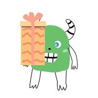 grön monster bebis karaktär med gåva låda vektor