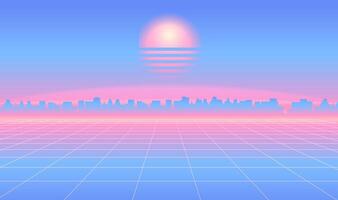 retro Tag Stadt futuristisch Landschaft 1980er Jahre Stil Hintergrund. futuristisch Wolkenkratzer Stadt. Digital Landschaft Cyber Oberfläche. Synth Welle Musik- Album Startseite Vorlage. 80er Jahre retro Sci-Fi Vektor Design.