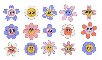 häftig daisy blommor med häftig retro tecknad serie ansikten samling. retro kamomill ler i tecknad serie stil. Lycklig klistermärken uppsättning. 70s vektor grafisk illustration