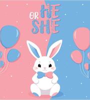 bebis dusch eller kön fest kort. inbjudan kön fest. söt kanin och ballonger. vektor illustration