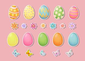 einstellen von Aufkleber mit Ostern Eier, Blumen und Schmetterlinge. einstellen von gefärbt Ostern Eier, isoliert. vektor