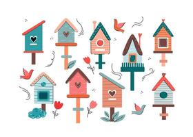 uppsättning söt hus eller hem för fåglar på träd. tecknad serie platt vektor illustration