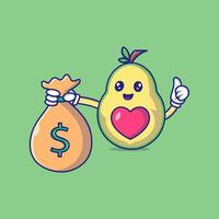 süß Avocado halten Geld Maskottchen Charakter Vektor Symbol Illustration