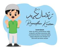 Karikatur süß Muslim Junge beten glücklich Ramadan kareem vektor