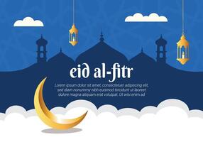 eid al fitr hälsning kort med halvmåne måne och lyktor vektor