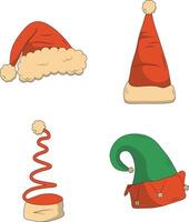 jul santa hatt med tecknad serie design. vektor illustration uppsättning.