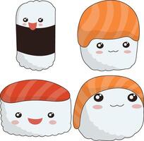söt sushi illustration på vit bakgrund. tecknad serie karaktär design. isolerat vektor ikoner