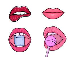 Lippen Satz, sexy Frau s Lippen mit Süssigkeit, Eis Würfel, lächeln, beißen Lippen. Illustration zum Hintergründe und Verpackung. Bild können Sein benutzt zum Karte, Poster und Aufkleber. isoliert auf Weiß Hintergrund. vektor