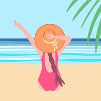 Mädchen im Hut sitzen auf Strand und sehen auf Meer. Sommer- Zeit. Illustration zum Drucken, Hintergründe, Abdeckungen und Verpackung. Bild können Sein benutzt zum Karte, Poster und Aufkleber. isoliert auf Weiß Hintergrund. vektor