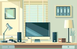 eben Design Illustration von Arbeitsplatz Landschaft mit Monitor und Schreibwaren auf Büro Schreibtisch vektor