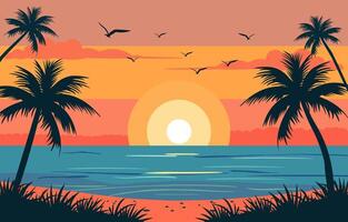 platt design av skön strand landskap med handflatan träd på solnedgång vektor