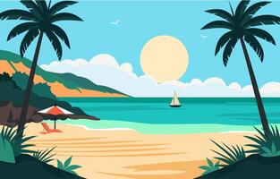 platt design av sommar Semester på de strand med tropisk handflatan träd vektor