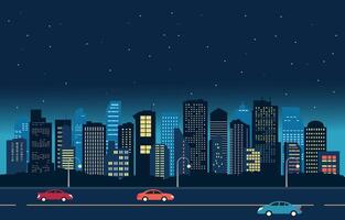 motorväg gata i stad på natt med skyskrapor byggnad platt design illustration.eps vektor