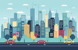 trafik väg i stad med skyskrapor landskap platt design illustration vektor