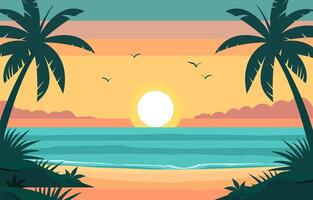 platt design av hav natur landskap på solnedgång med handflatan träd vektor