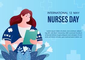 ein Notfall Krankenschwester im Karikatur Charakter mit Wortlaut von Krankenschwestern Tag und dekoriert Pflanzen, Beispiel Texte auf Blau Hintergrund. Poster Kampagne von International Krankenschwestern Tag im Vektor Design