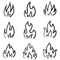 handritad brand ikoner. eld lågor ikoner vektor set. handritad doodle skiss brand, svartvit ritning. enkel brandsymbol.
