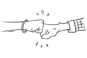 hand dragen av två ung person skumpande näve finger. team arbete, partnerskap, vänskap, passion, anda händer gest skiss begrepp vektor illustration. isolerat design med vit bakgrund