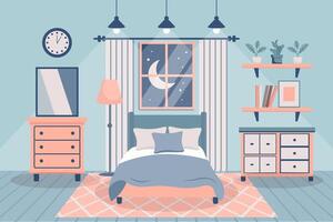 gemütlich Schlafzimmer. Schlafzimmer Innere Bett mit Kissen, Teppich, Bett Tische, Kleiderschrank, Fenster. Innere Konzept. eben Illustration. Vektor