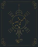 magi astrologi affisch med Jungfrun konstellation, tarot kort. gyllene design på en svart bakgrund. vertikal illustration, vektor