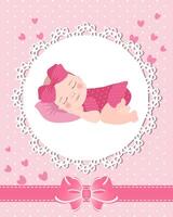 Kindergrußkarte mit einem süßen Babymädchen auf einer Spitzenschablone mit Schleife und Herzen. neugeborenes design, vektor. vektor
