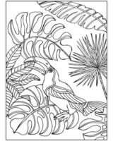 Färbung Buch zum Kinder und Erwachsene, Papagei Vogel auf ein Hintergrund von tropisch Blätter. Illustration, skizzieren, Vektor