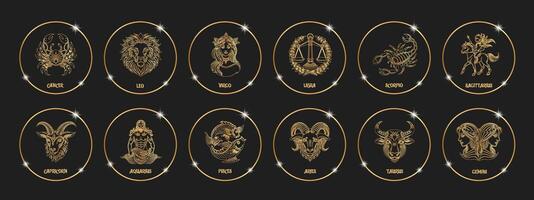 uppsättning av astrologi zodiaken tecken, mystisk runda ikoner. guld översikt design. esoterisk symboler för logotyp eller ikoner. vektor