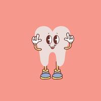 häftig tand tecknad serie karaktär vinka hans hand. rolig friska vit molar- med Lycklig ansikte, retro tecknad serie tänder maskot, tandvård och dental vård klistermärke av 70s 80s vektor illustration.