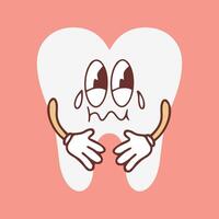 komisch gesund Weiß Molar mit traurig Weinen Gesicht, retro Karikatur Zähne Maskottchen, Zahnheilkunde und Dental Pflege Aufkleber von 70er Jahre 80er Jahre Vektor Illustration. Vektor Illustration