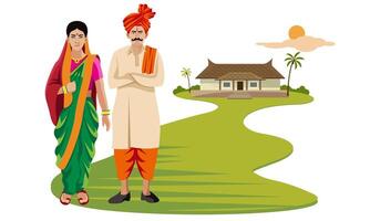 Maharashtra Mann und Frau, im traditionell Kleid Stehen im Vorderseite von ländlich Zuhause vektor