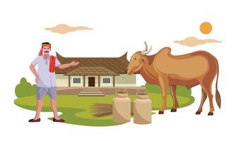 indisk jordbrukare, mjölkbud med indisk ko i främre av lantlig hus vektor