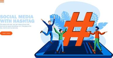 Menschen genießen um Hashtag und Sozial Medien Symbole auf Handy, Mobiltelefon Konzept Vektor Illustration