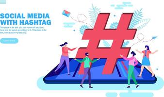 människor njuter runt om hashtags och social media trender på smartphone vektor